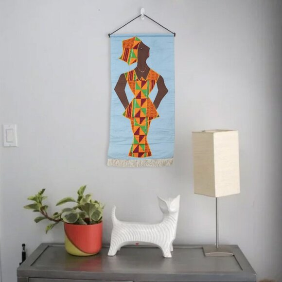 African Wall Fabric Art Scroll Tapestry Woman Ghana Africa Kente Dress Yellow - Picture 1 of 10